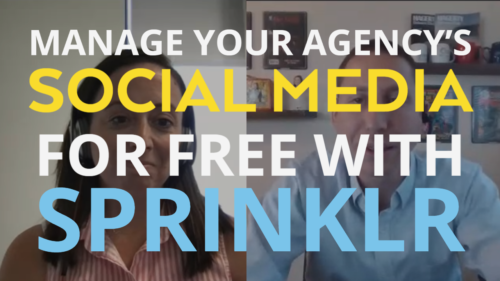 A video thumbnail of people describing how to manage your agency's social media for free with Sprinklr.