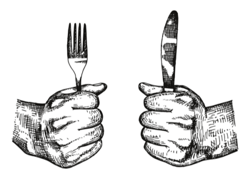Black and white graphic of hands holding a fork and a knife.