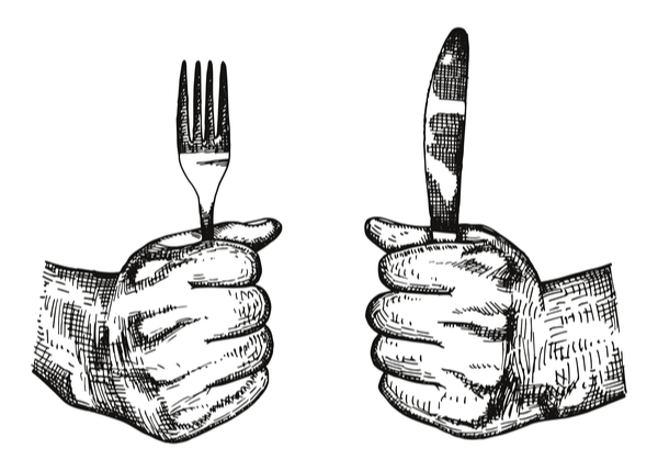 Black and white graphic of hands holding a fork and a knife.
