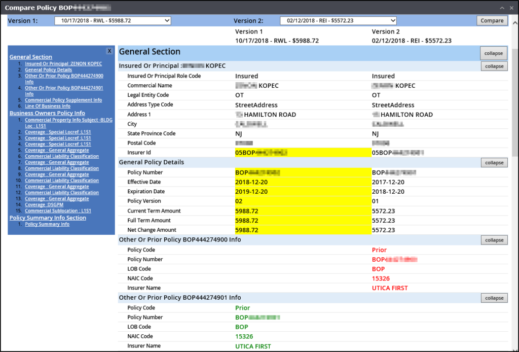 Firefly EZLynx Retention Center difference list