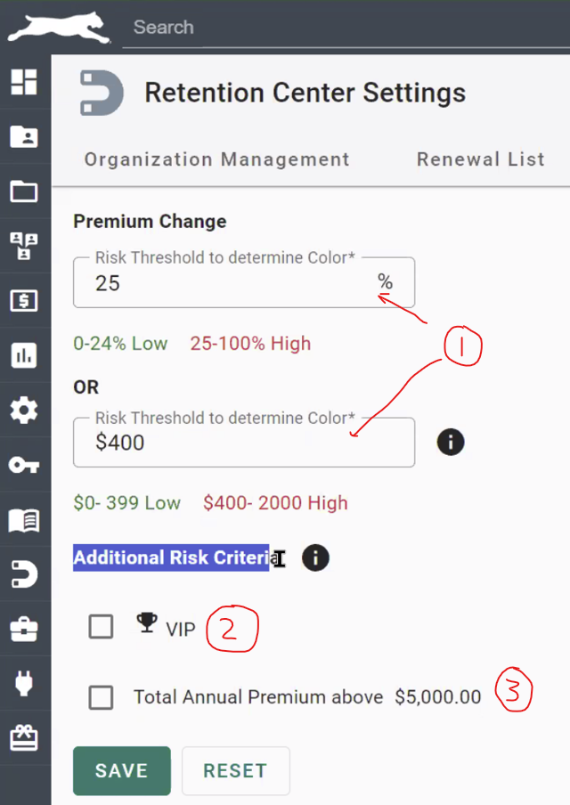 Firefly EZLynx Retention Center settings screenshot with notes