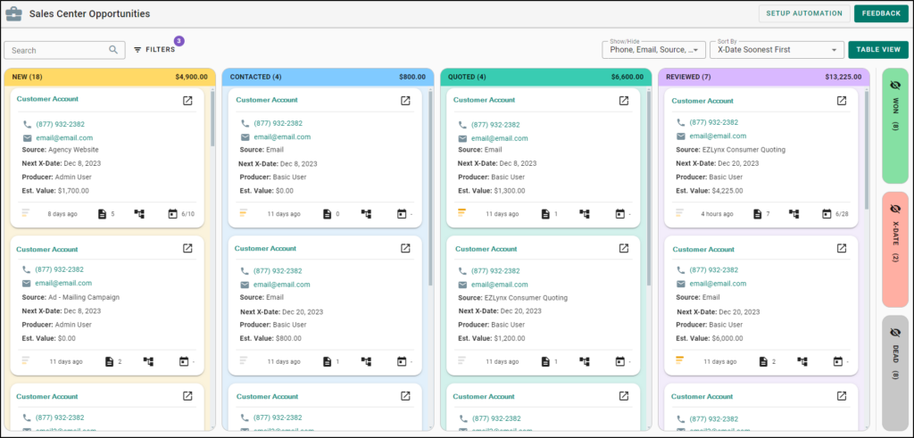 Firefly tech stack EZLynx sales center screenshot